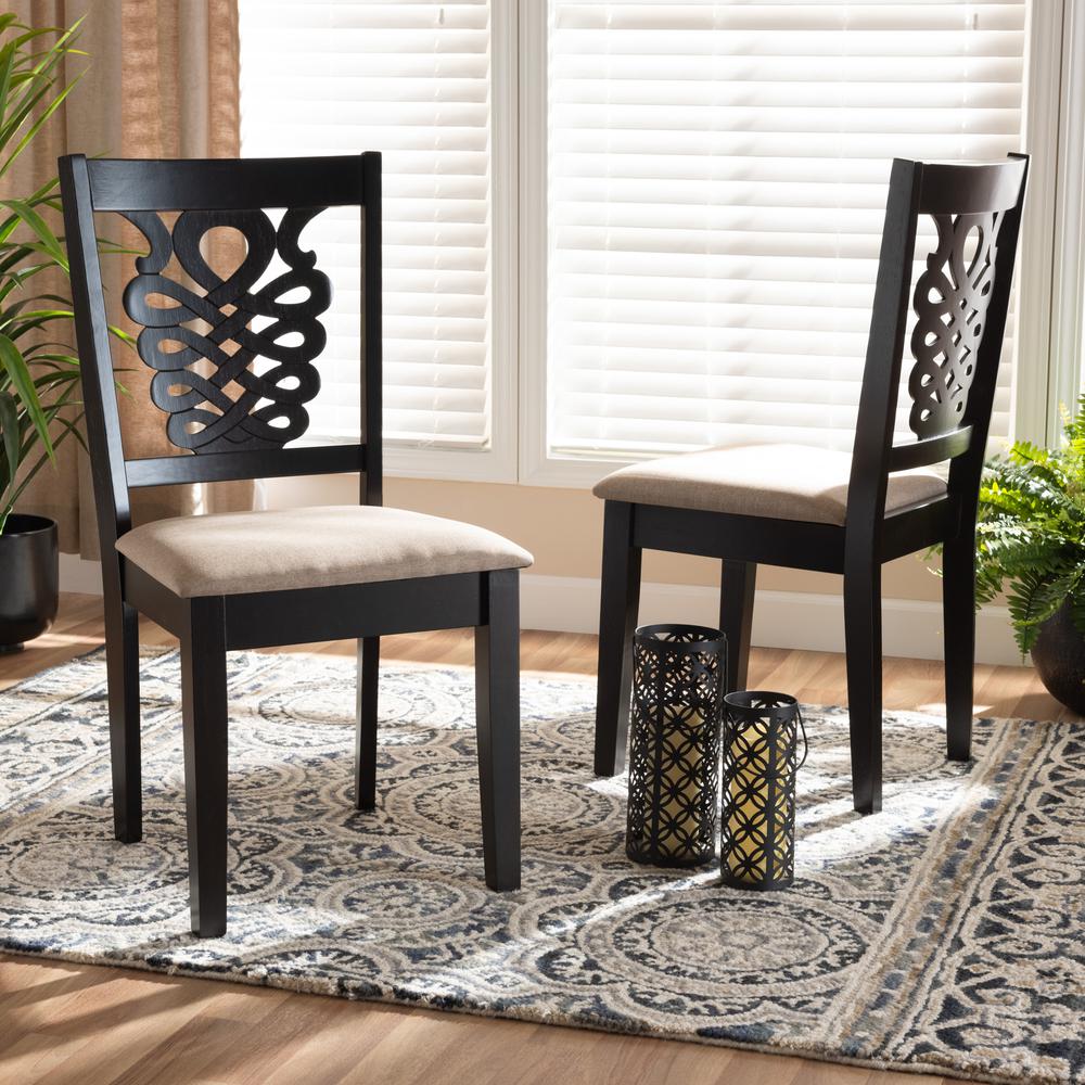 Sand Fabric Upholstered and Dark Brown Finished Wood 2-Piece Dining Chair Set. Picture 14
