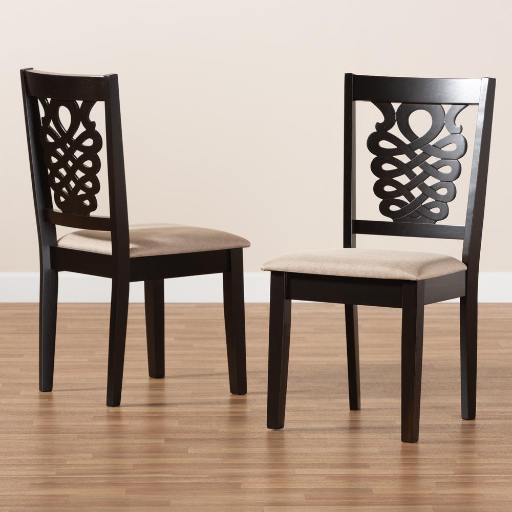 Sand Fabric Upholstered and Dark Brown Finished Wood 2-Piece Dining Chair Set. Picture 15