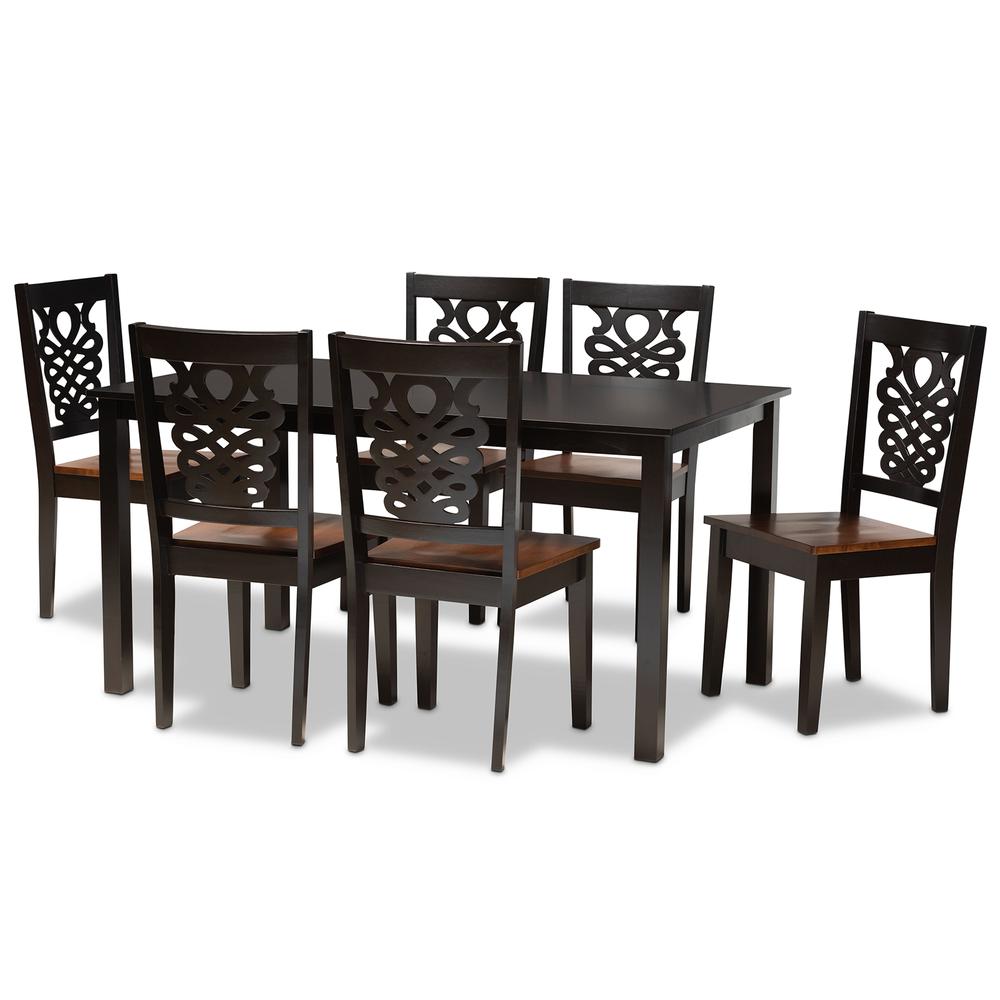 Two-Tone Dark Brown and Walnut Brown Finished Wood 7-Piece Dining Set. Picture 10