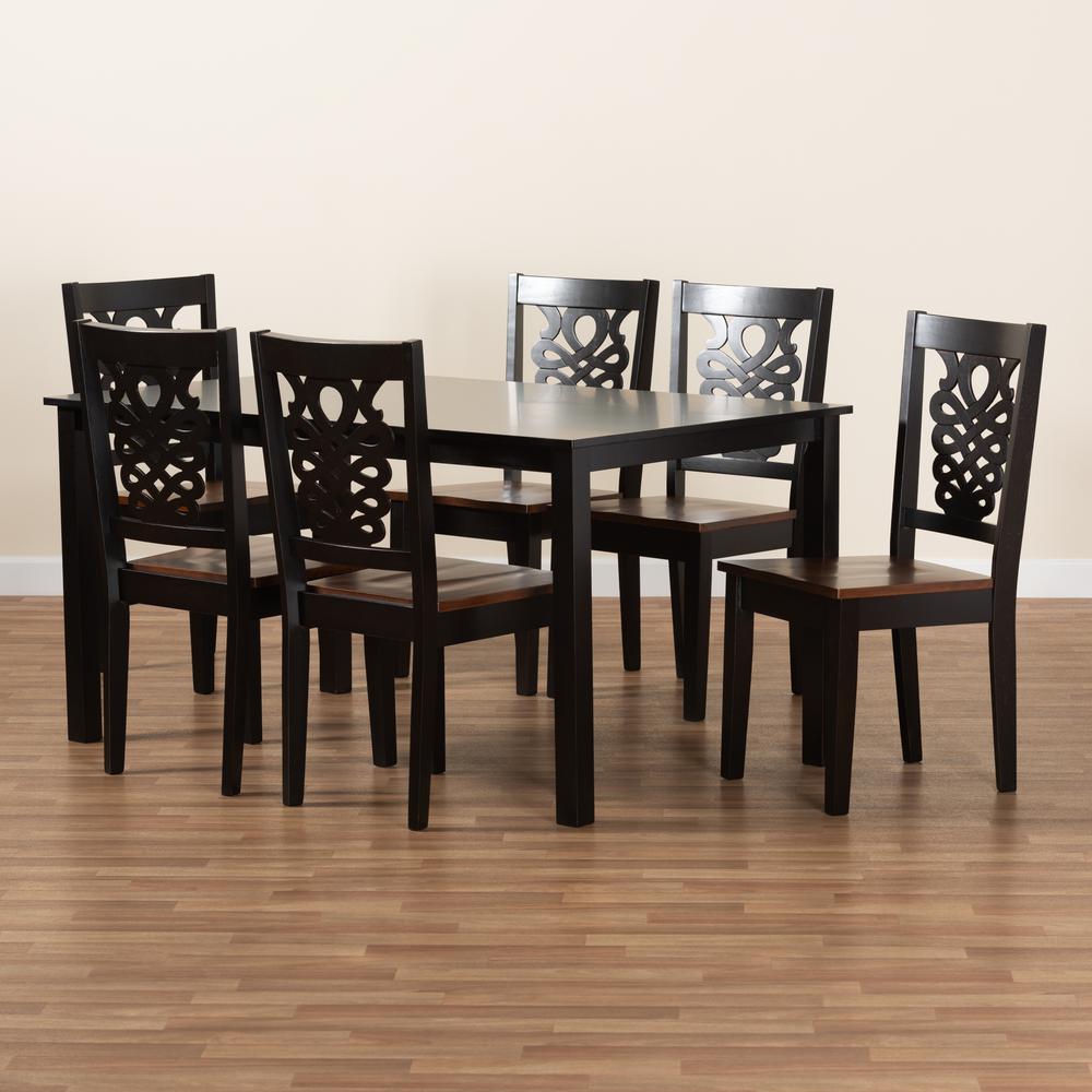 Two-Tone Dark Brown and Walnut Brown Finished Wood 7-Piece Dining Set. Picture 17