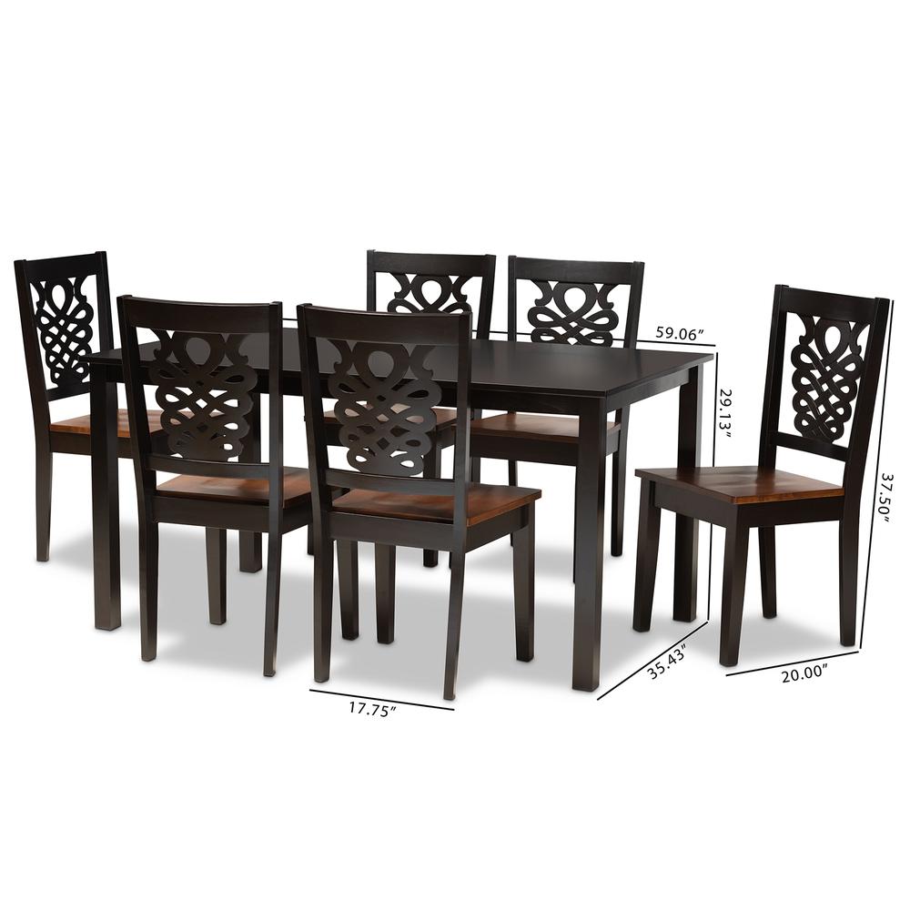 Two-Tone Dark Brown and Walnut Brown Finished Wood 7-Piece Dining Set. Picture 18