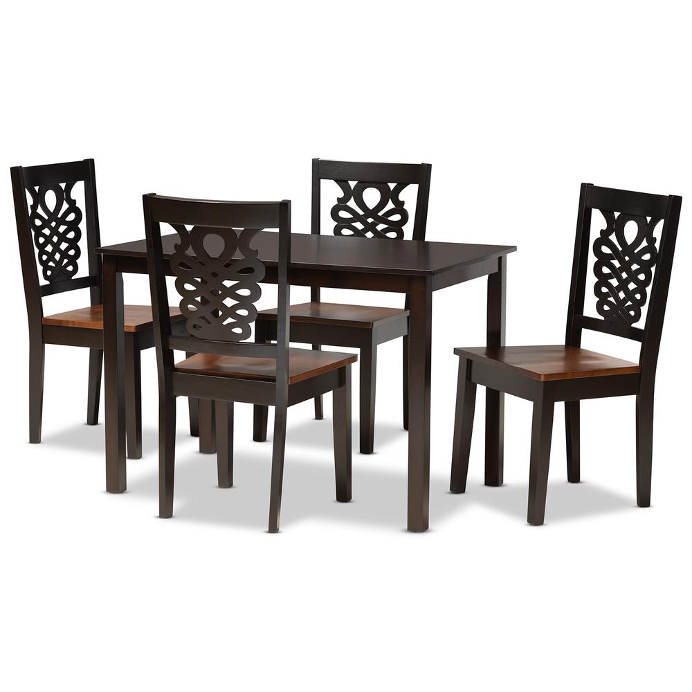 Two-Tone Dark Brown and Walnut Brown Finished Wood 5-Piece Dining Set. Picture 10