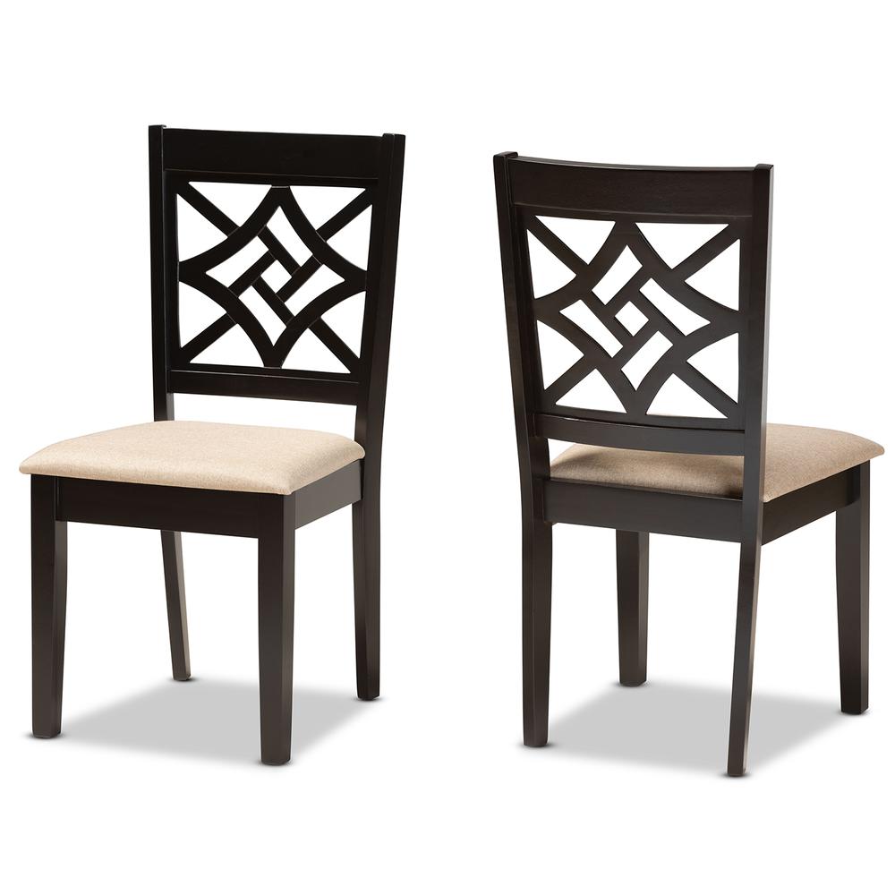 Sand Fabric Upholstered and Dark Brown Finished Wood 2-Piece Dining Chair Set. Picture 9