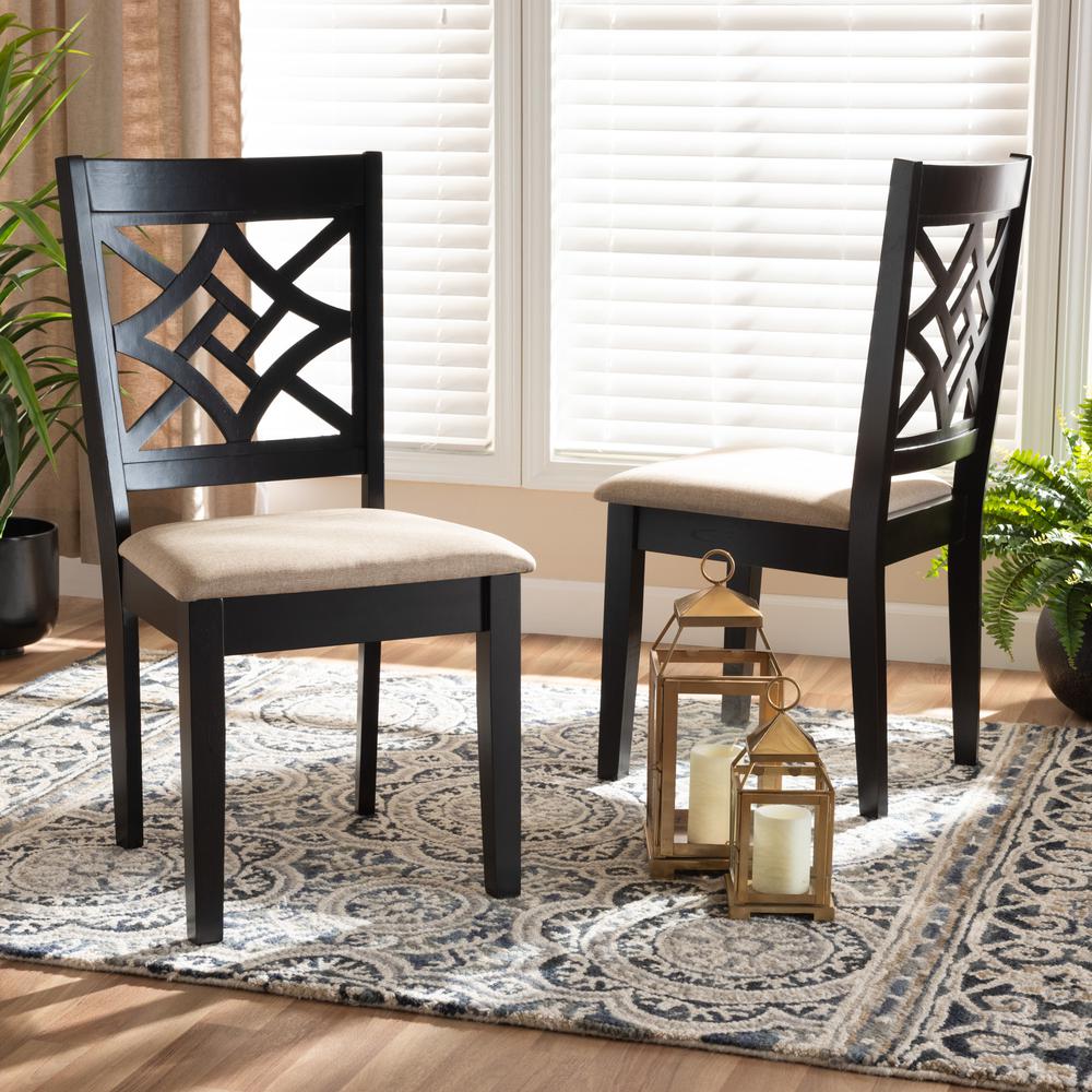 Sand Fabric Upholstered and Dark Brown Finished Wood 2-Piece Dining Chair Set. Picture 14