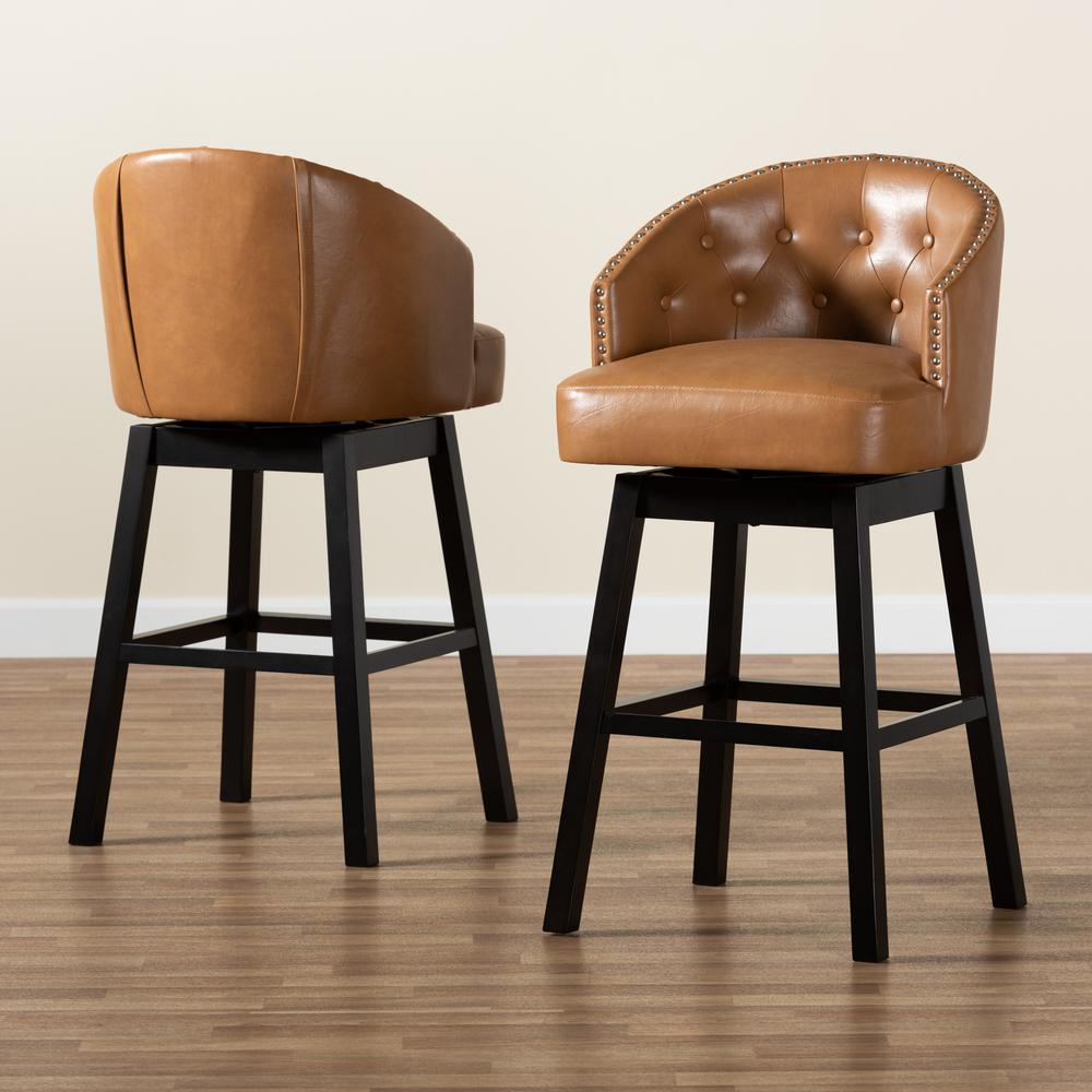 Leather Upholstered and Dark Brown Finished Wood 2-Piece Swivel Bar Stool Set. Picture 13