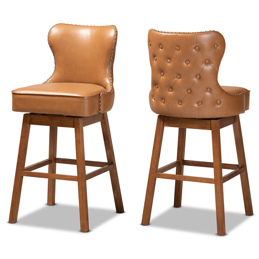 Leather Upholstered and Walnut Brown Finished Wood 2-Piece Swivel Bar Stool Set. Picture 10