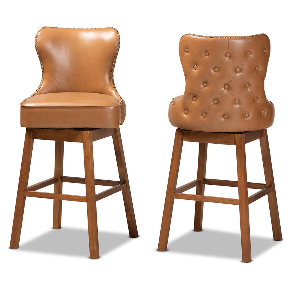 Leather Upholstered and Walnut Brown Finished Wood 2-Piece Swivel Bar Stool Set. Picture 11