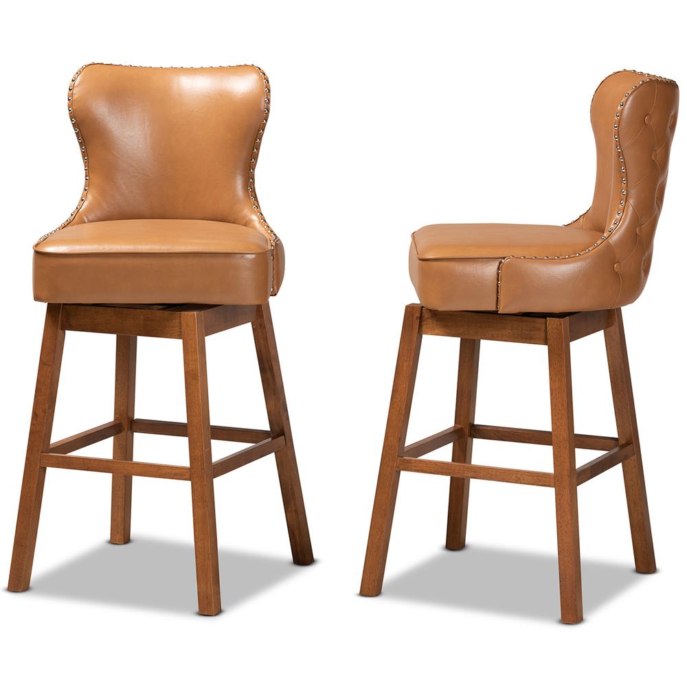 Leather Upholstered and Walnut Brown Finished Wood 2-Piece Swivel Bar Stool Set. Picture 12