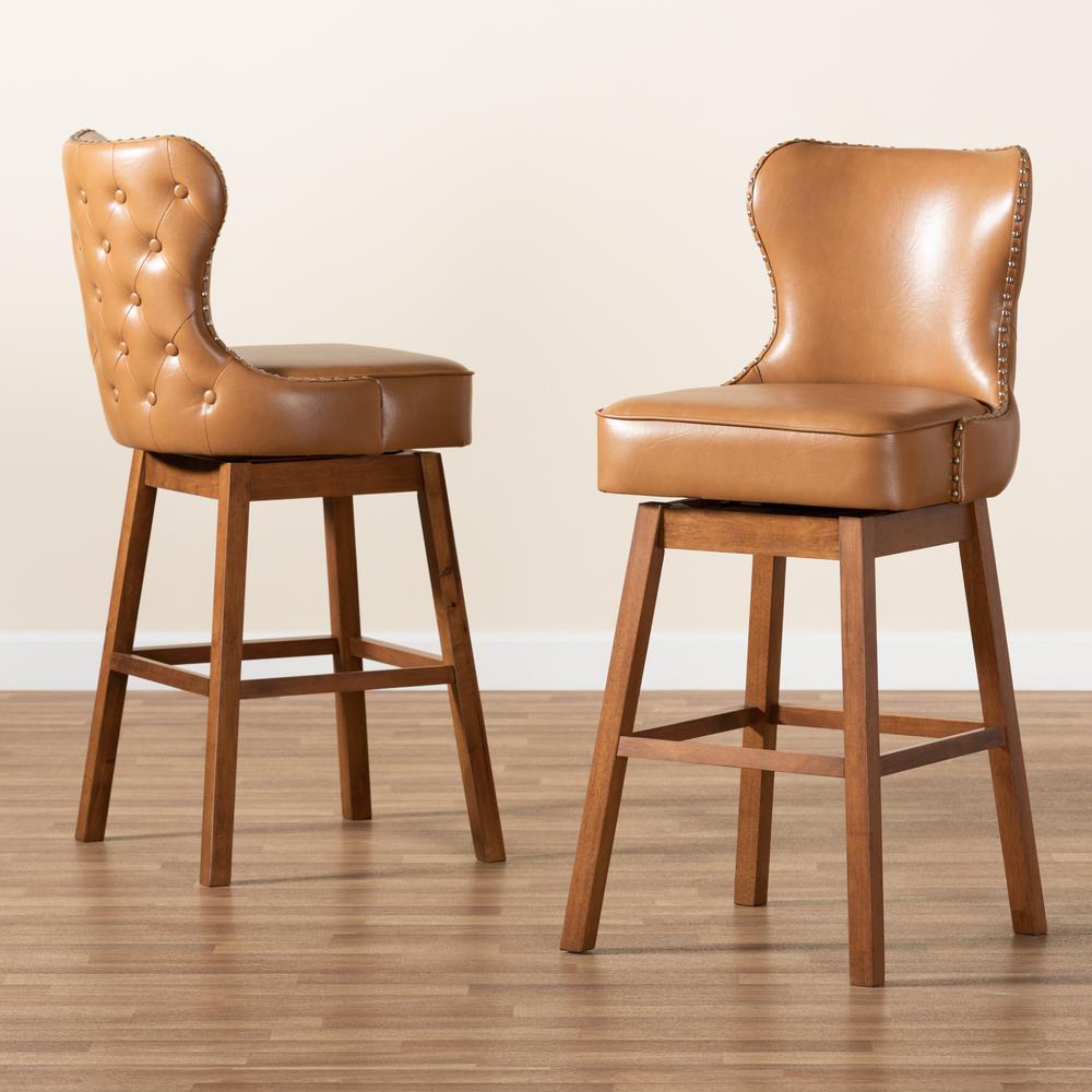 Leather Upholstered and Walnut Brown Finished Wood 2-Piece Swivel Bar Stool Set. Picture 17