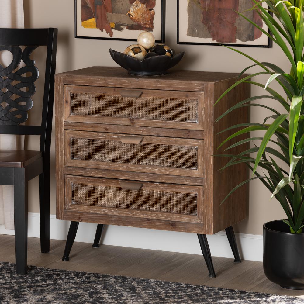 Whitewashed Natural Brown Finished Wood and Rattan 3-Drawer Storage Cabinet. Picture 16