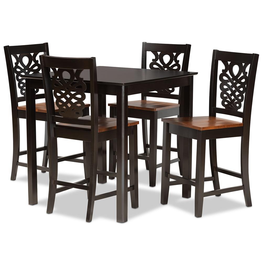 Transitional Two-Tone Dark Brown and Walnut Brown Finished Wood 5-Piece Pub Set. Picture 10