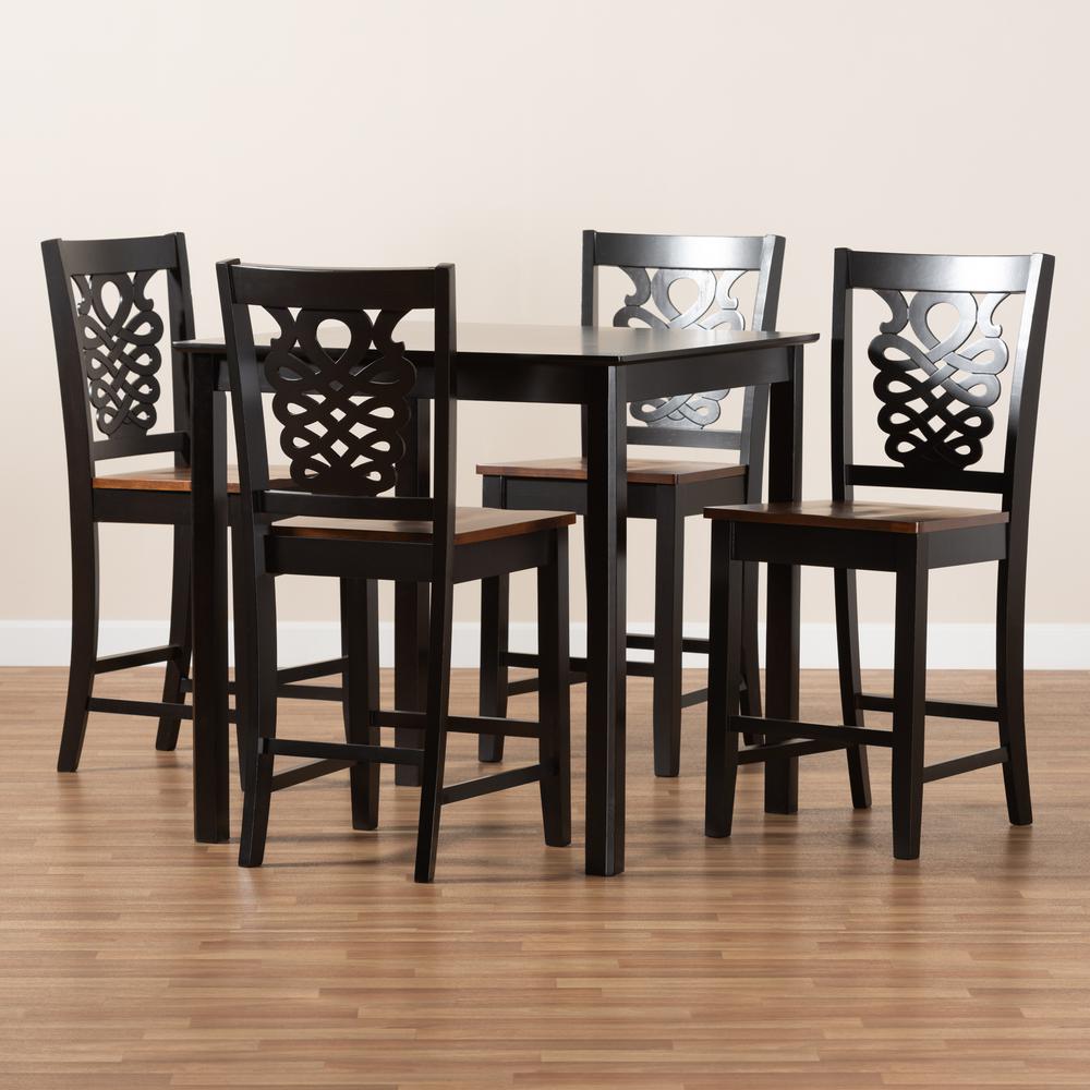Transitional Two-Tone Dark Brown and Walnut Brown Finished Wood 5-Piece Pub Set. Picture 17