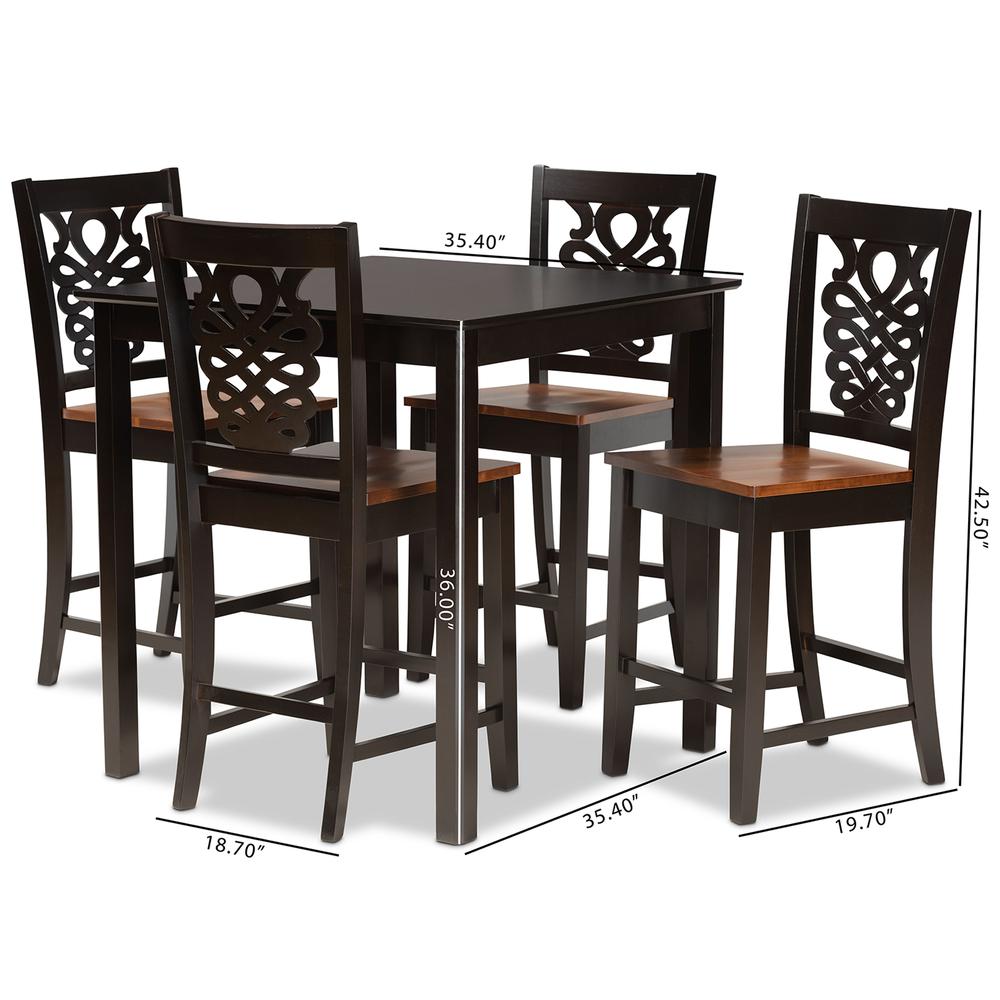 Transitional Two-Tone Dark Brown and Walnut Brown Finished Wood 5-Piece Pub Set. Picture 18