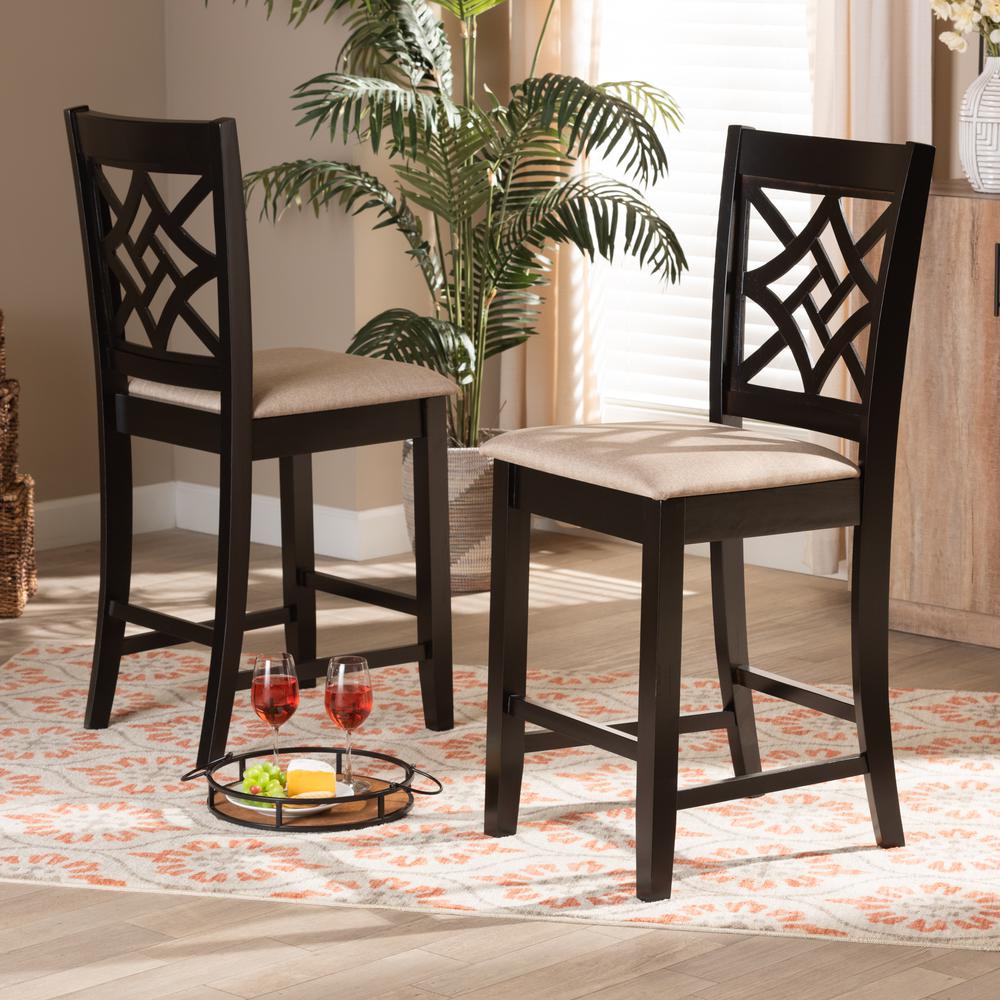 Sand Fabric Upholstered and Dark Brown Finished Wood 2-Piece Counter Stool Set. Picture 14