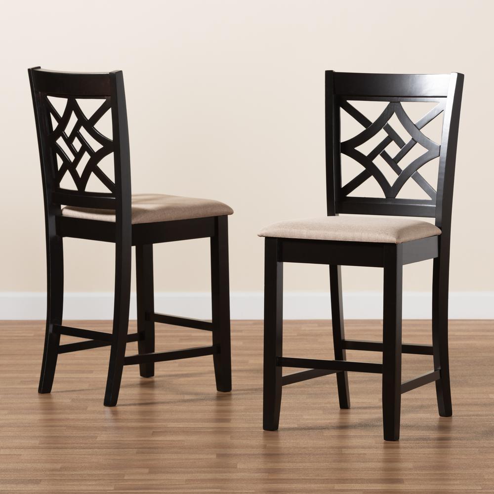 Sand Fabric Upholstered and Dark Brown Finished Wood 2-Piece Counter Stool Set. Picture 15