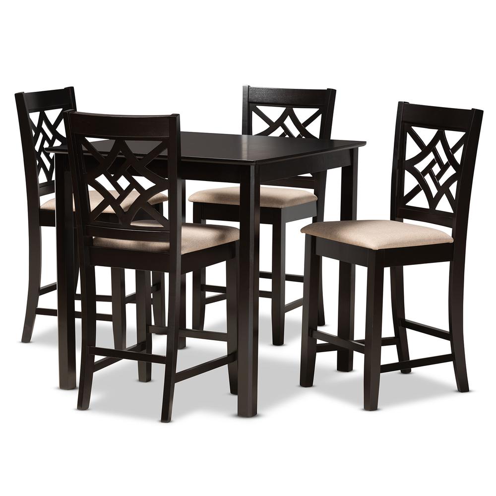 Sand Fabric Upholstered and Dark Brown Finished Wood 5-Piece Pub Set. Picture 10