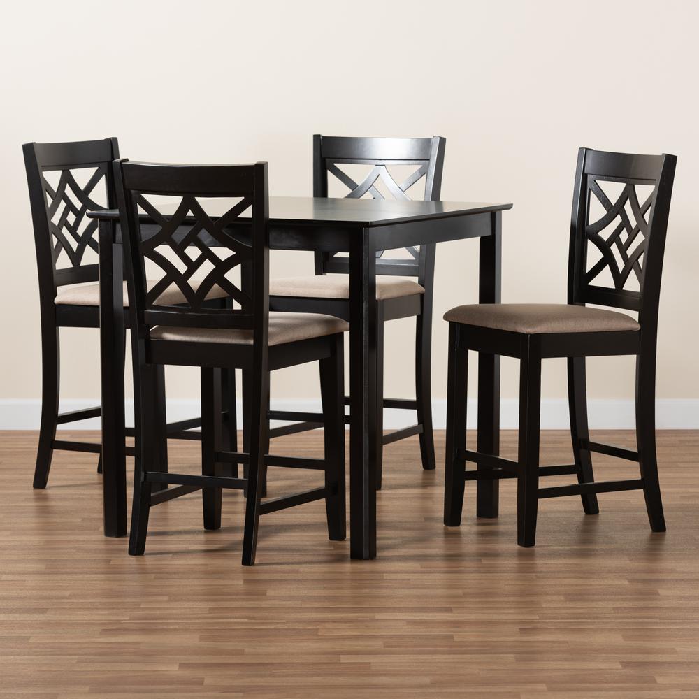 Sand Fabric Upholstered and Dark Brown Finished Wood 5-Piece Pub Set. Picture 17