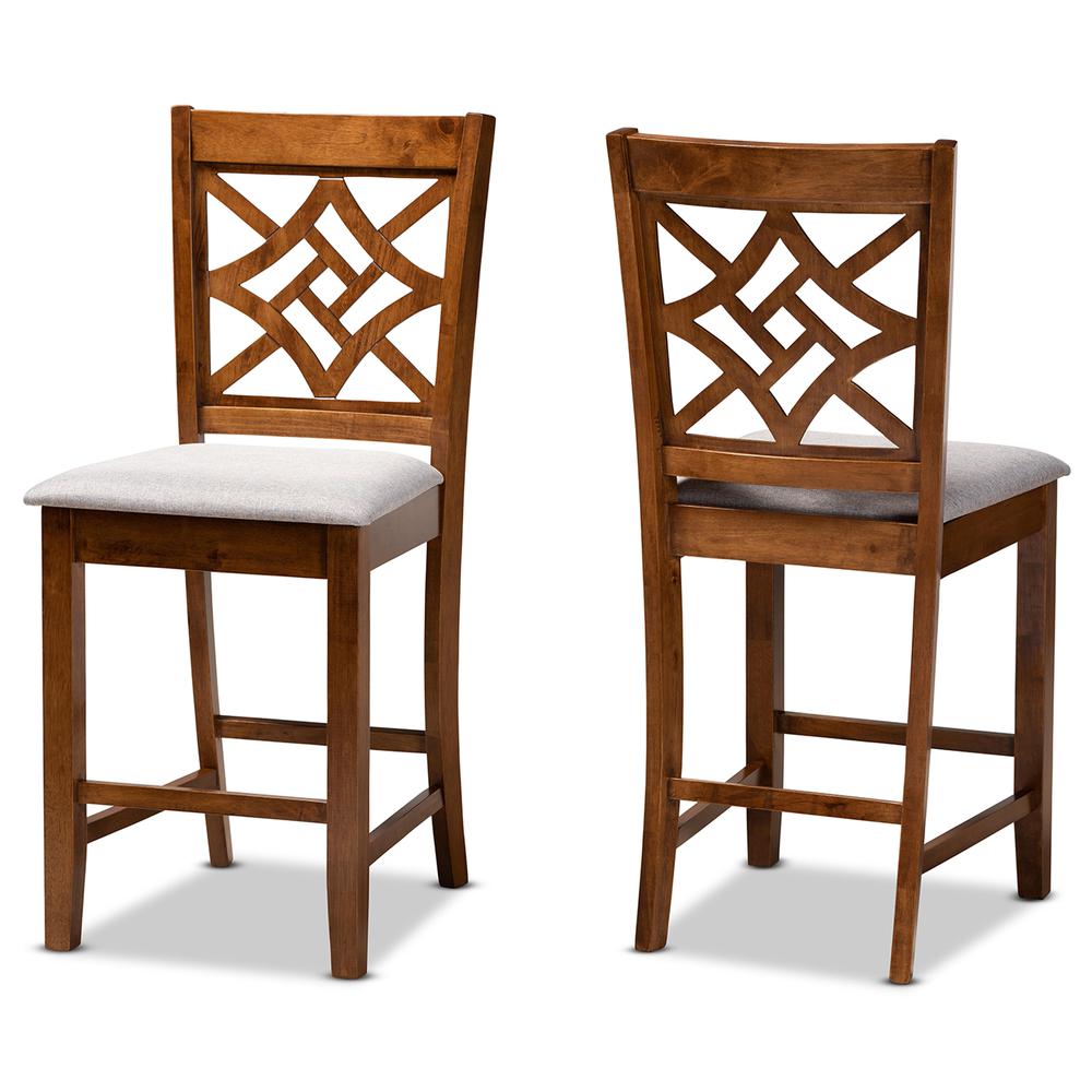 Grey Fabric Upholstered and Walnut Brown Finished Wood 2-Piece Counter Stool Set. Picture 9