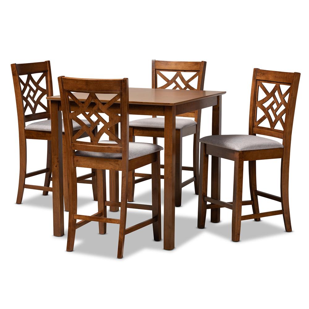 Grey Fabric Upholstered and Walnut Brown Finished Wood 5-Piece Pub Set. Picture 10