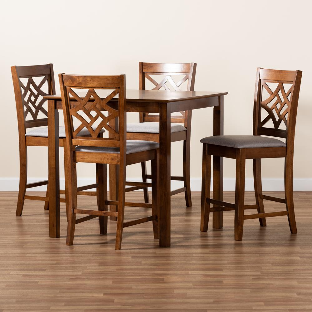 Grey Fabric Upholstered and Walnut Brown Finished Wood 5-Piece Pub Set. Picture 17