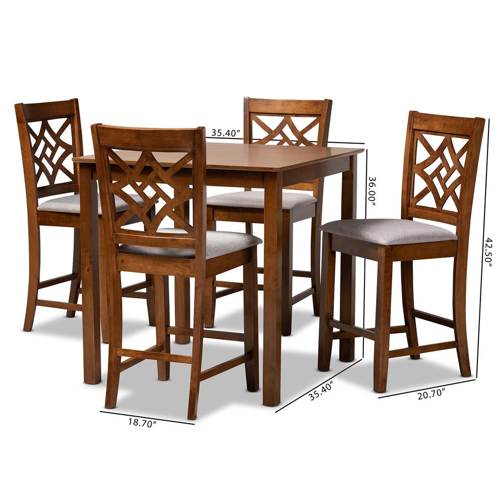 Grey Fabric Upholstered and Walnut Brown Finished Wood 5-Piece Pub Set. Picture 18