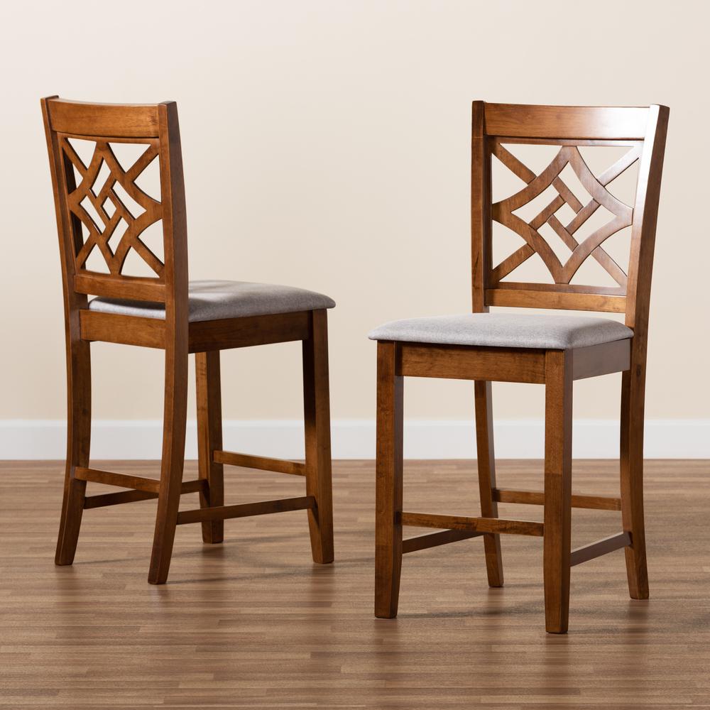Grey Fabric Upholstered and Walnut Brown Finished Wood 2-Piece Counter Stool Set. Picture 15