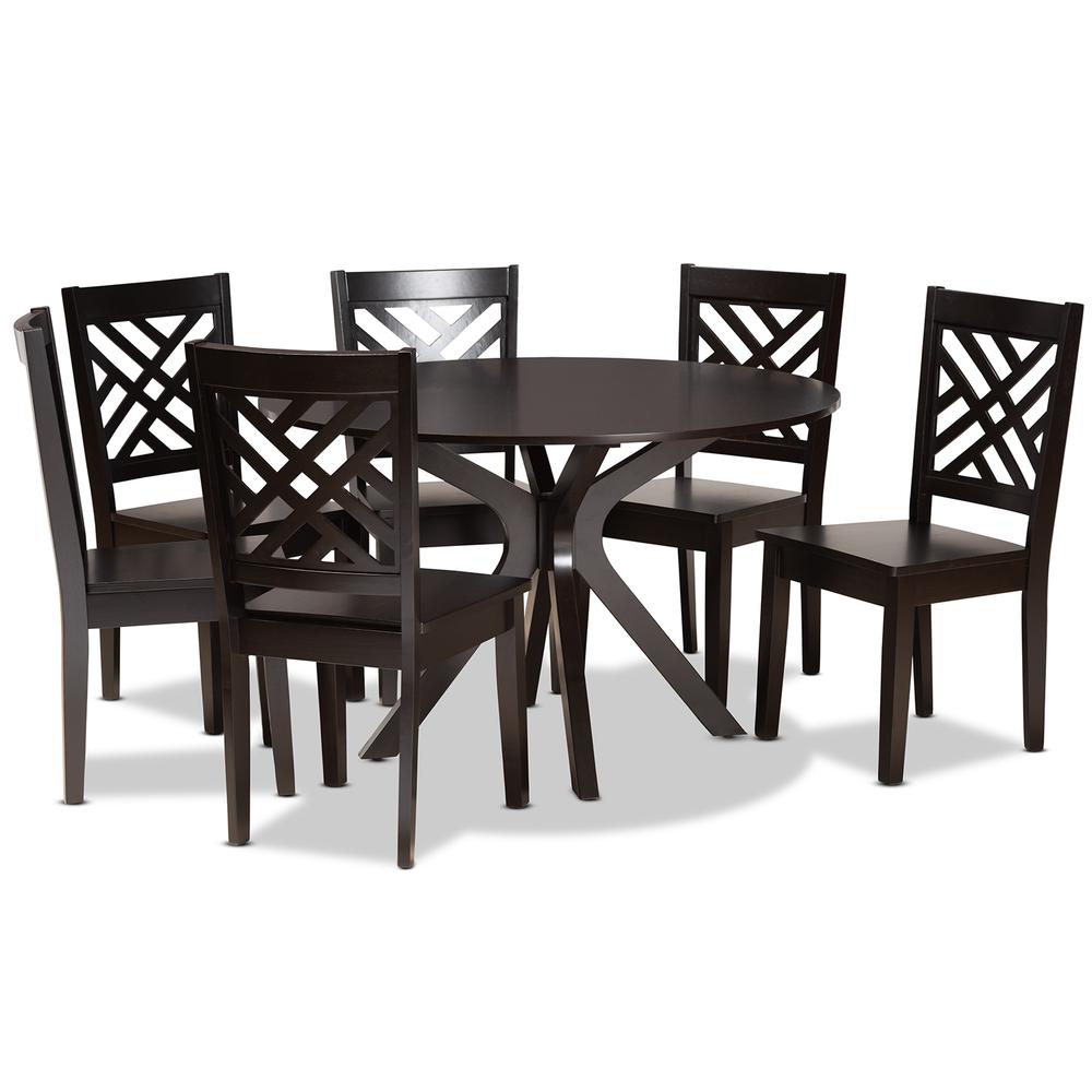Ela Modern and Contemporary Dark Brown Finished Wood 7-Piece Dining Set. Picture 10