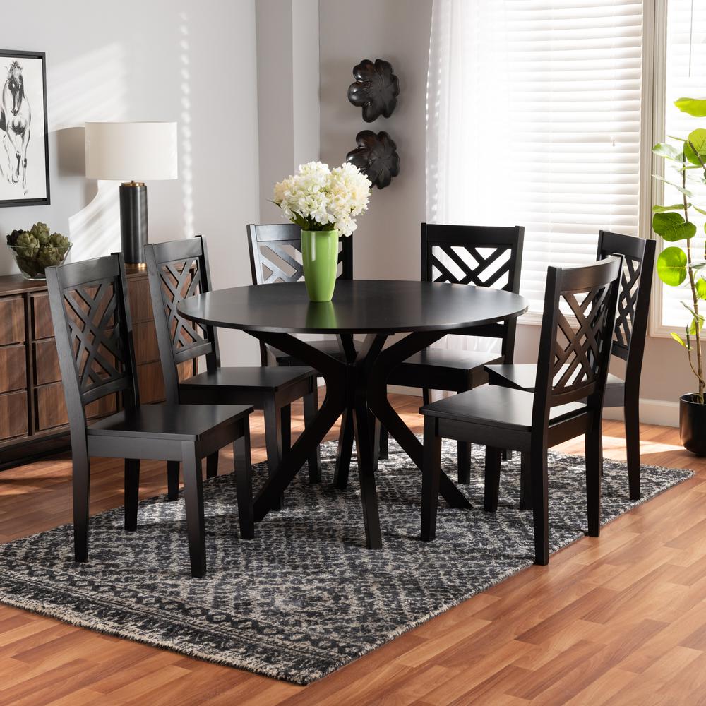 Ela Modern and Contemporary Dark Brown Finished Wood 7-Piece Dining Set. Picture 16