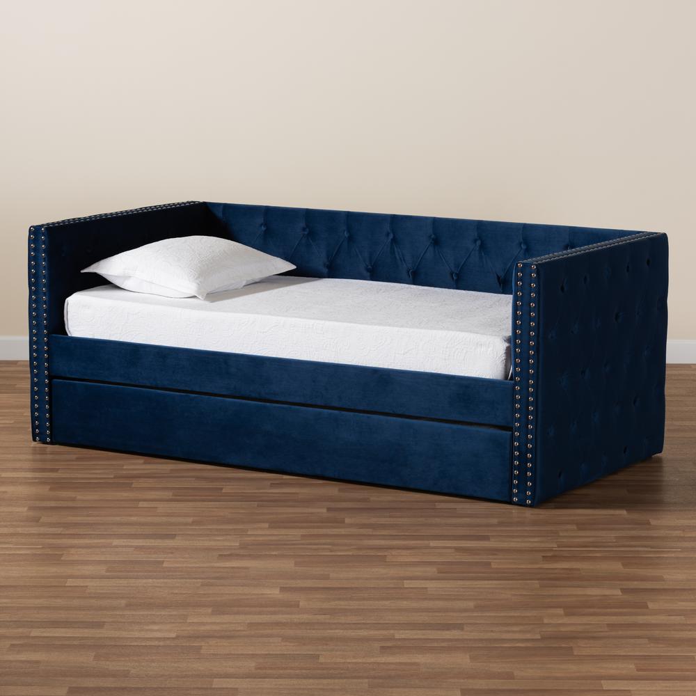 Navy Blue Velvet Fabric Upholstered Twin Size Daybed with Trundle. Picture 21