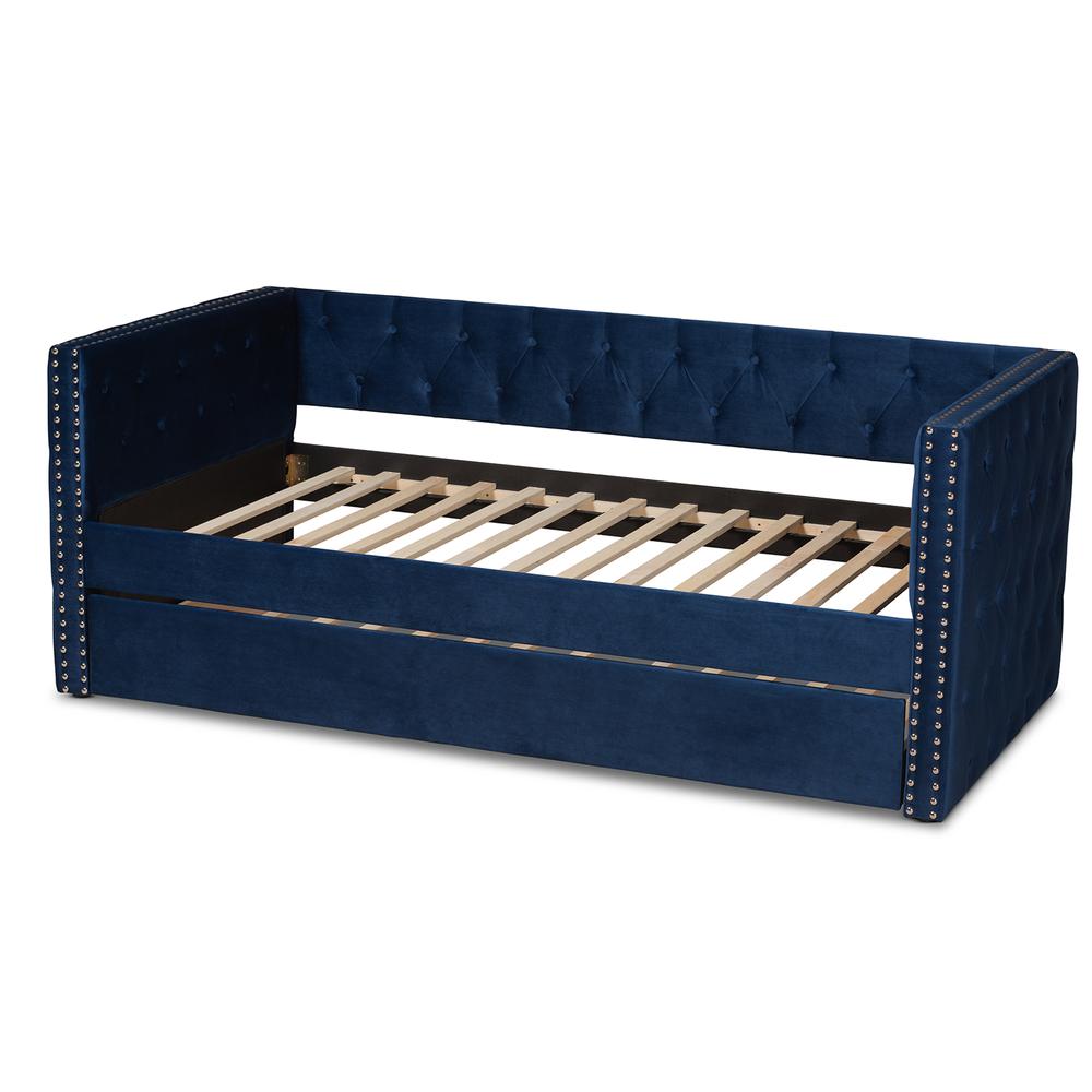 Navy Blue Velvet Fabric Upholstered Twin Size Daybed with Trundle. Picture 15