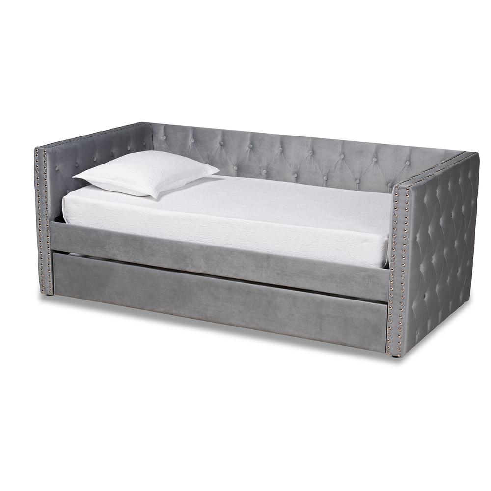 Grey Velvet Fabric Upholstered Twin Size Daybed with Trundle. Picture 12