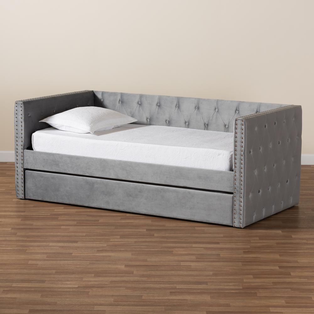 Grey Velvet Fabric Upholstered Twin Size Daybed with Trundle. Picture 21