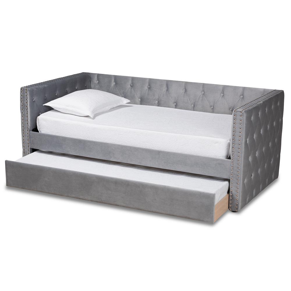 Grey Velvet Fabric Upholstered Twin Size Daybed with Trundle. Picture 13