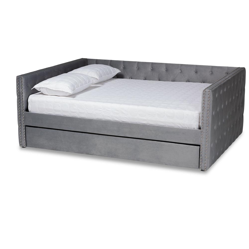 Grey Velvet Fabric Upholstered Full Size Daybed with Trundle. Picture 13