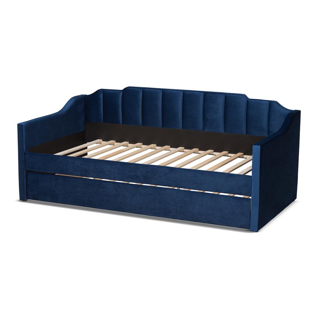 Navy Blue Velvet Fabric Upholstered Twin Size Daybed with Trundle. Picture 14