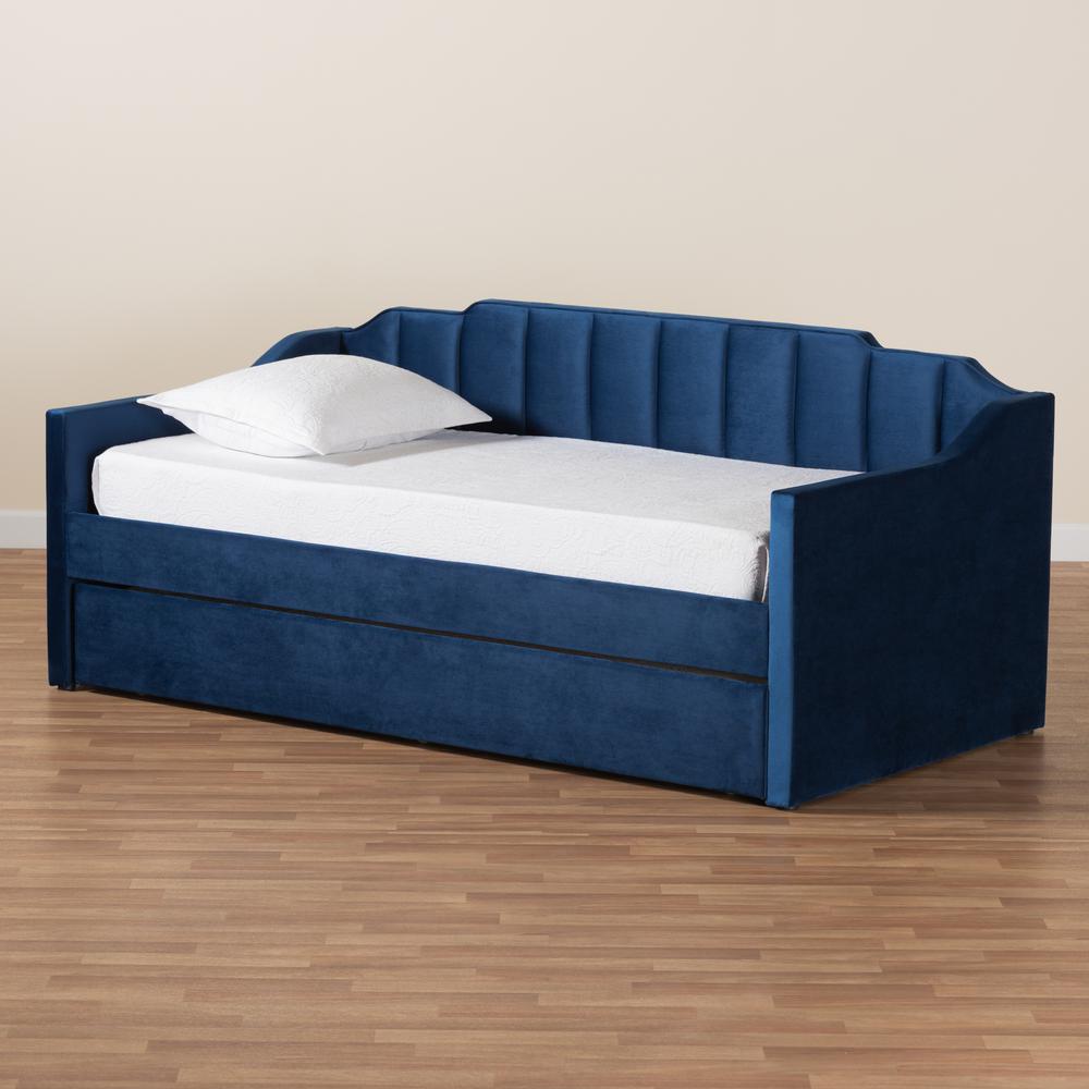 Navy Blue Velvet Fabric Upholstered Twin Size Daybed with Trundle. Picture 19