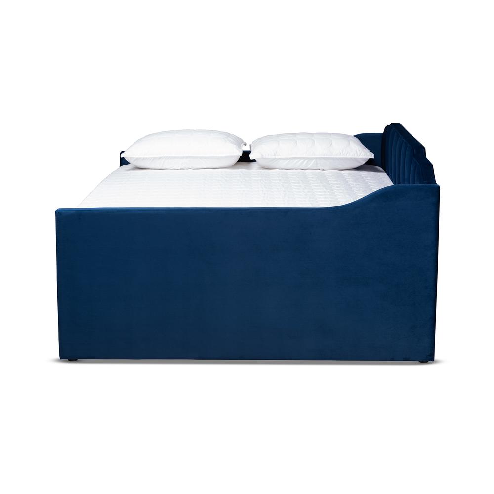 Navy Blue Velvet Fabric Upholstered Full Size Daybed with Trundle. Picture 14