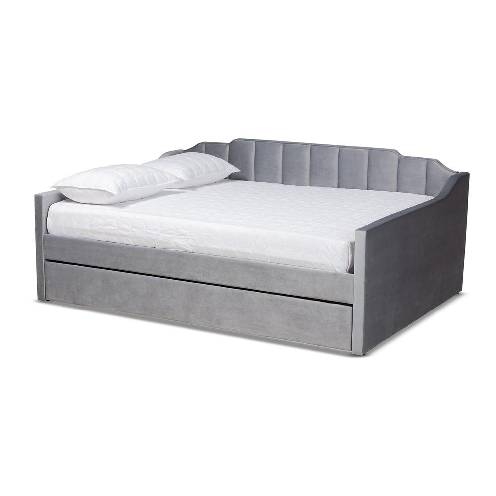 Grey Velvet Fabric Upholstered Full Size Daybed with Trundle. Picture 12
