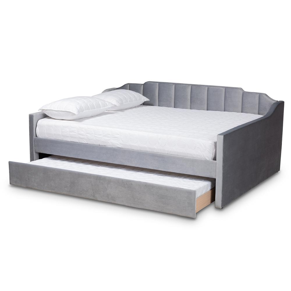 Grey Velvet Fabric Upholstered Full Size Daybed with Trundle. Picture 13