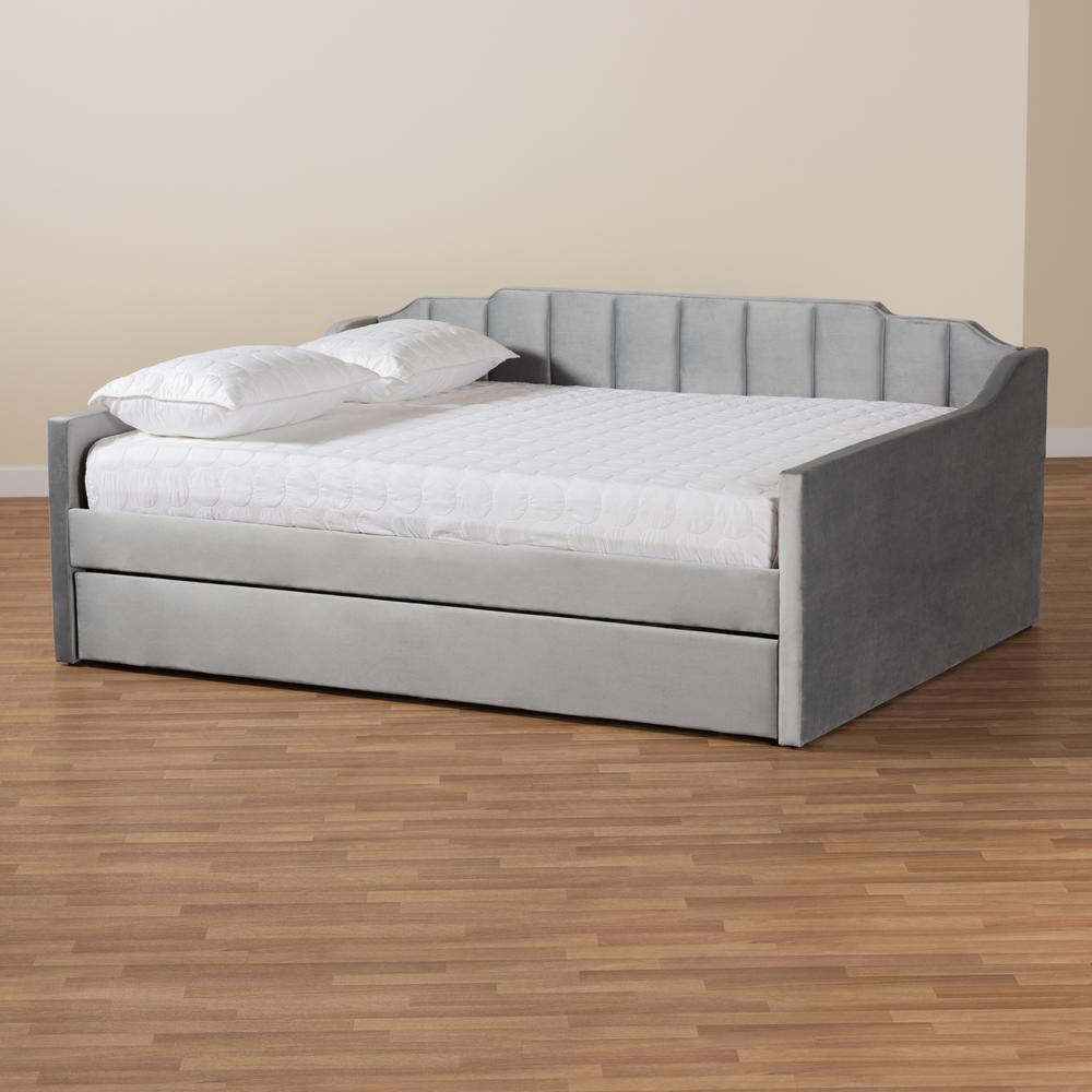 Grey Velvet Fabric Upholstered Full Size Daybed with Trundle. Picture 20