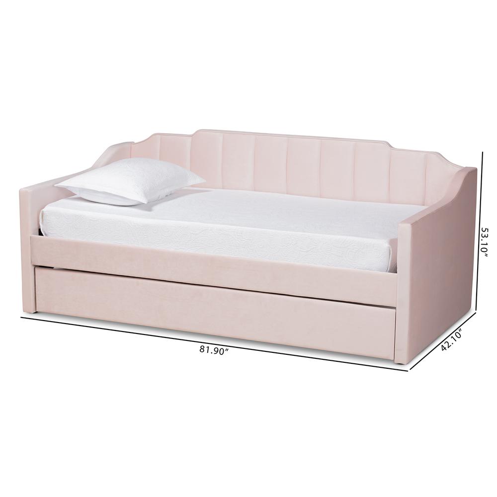 Pink Velvet Fabric Upholstered Twin Size Daybed with Trundle. Picture 20