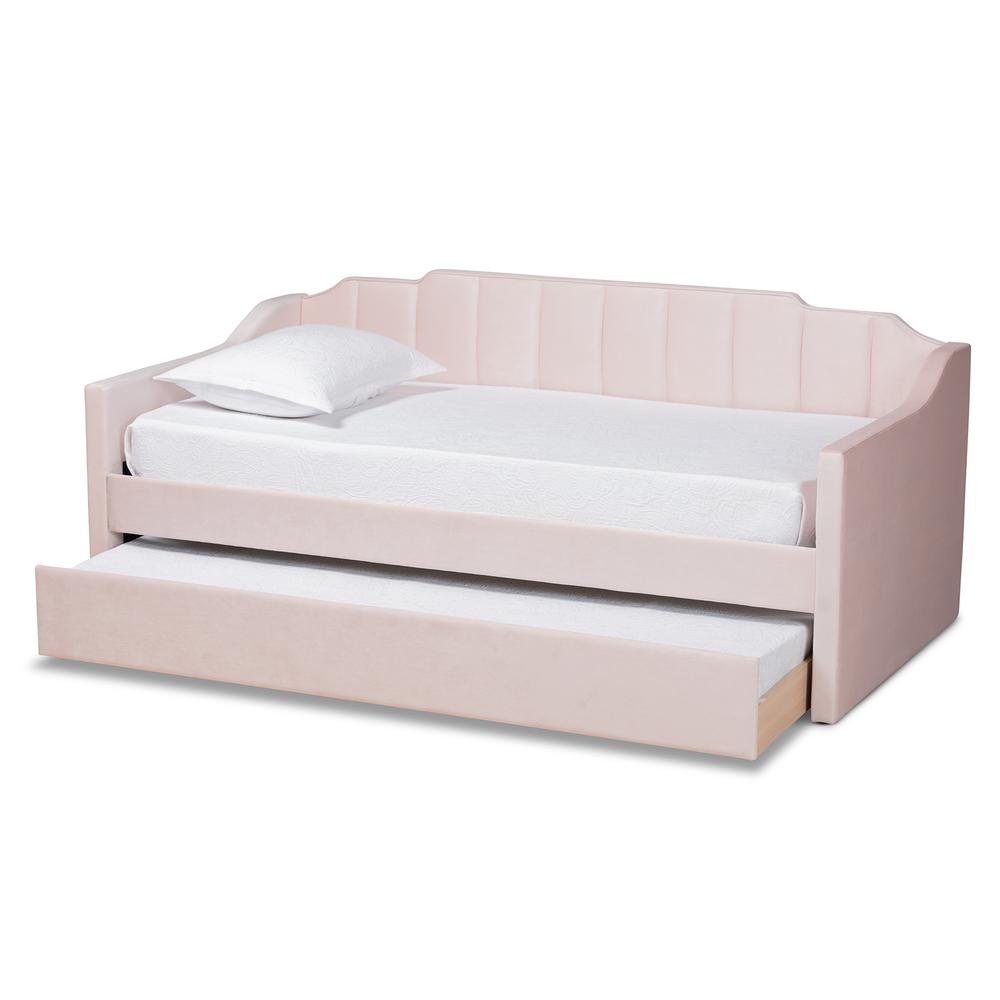 Pink Velvet Fabric Upholstered Twin Size Daybed with Trundle. Picture 12