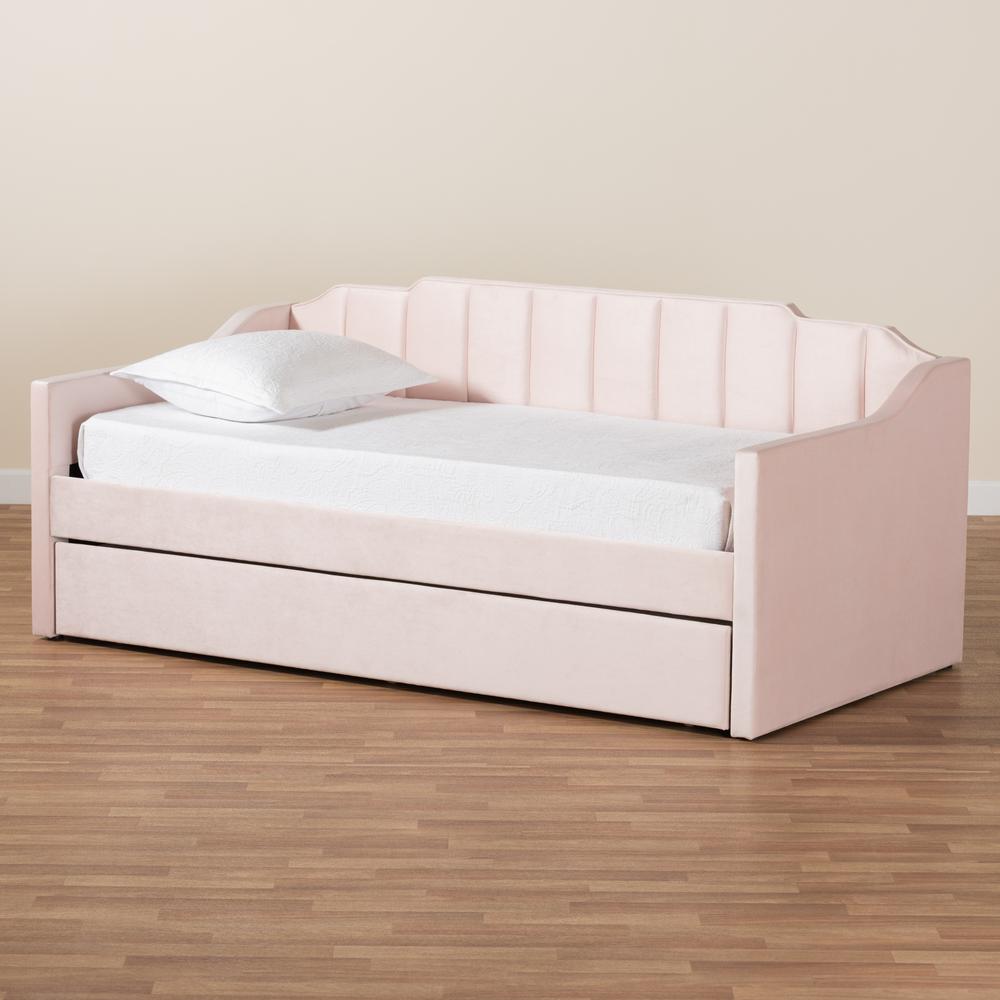Pink Velvet Fabric Upholstered Twin Size Daybed with Trundle. Picture 19