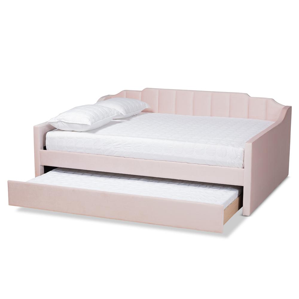 Pink Velvet Fabric Upholstered Full Size Daybed with Trundle. Picture 13