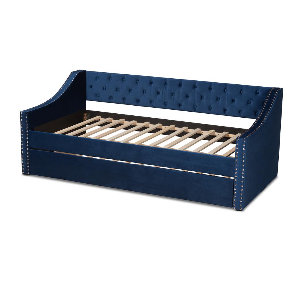Navy Blue Velvet Fabric Upholstered Twin Size Daybed with Trundle. Picture 15