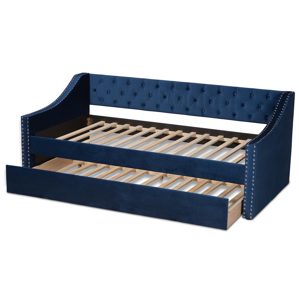 Navy Blue Velvet Fabric Upholstered Twin Size Daybed with Trundle. Picture 16