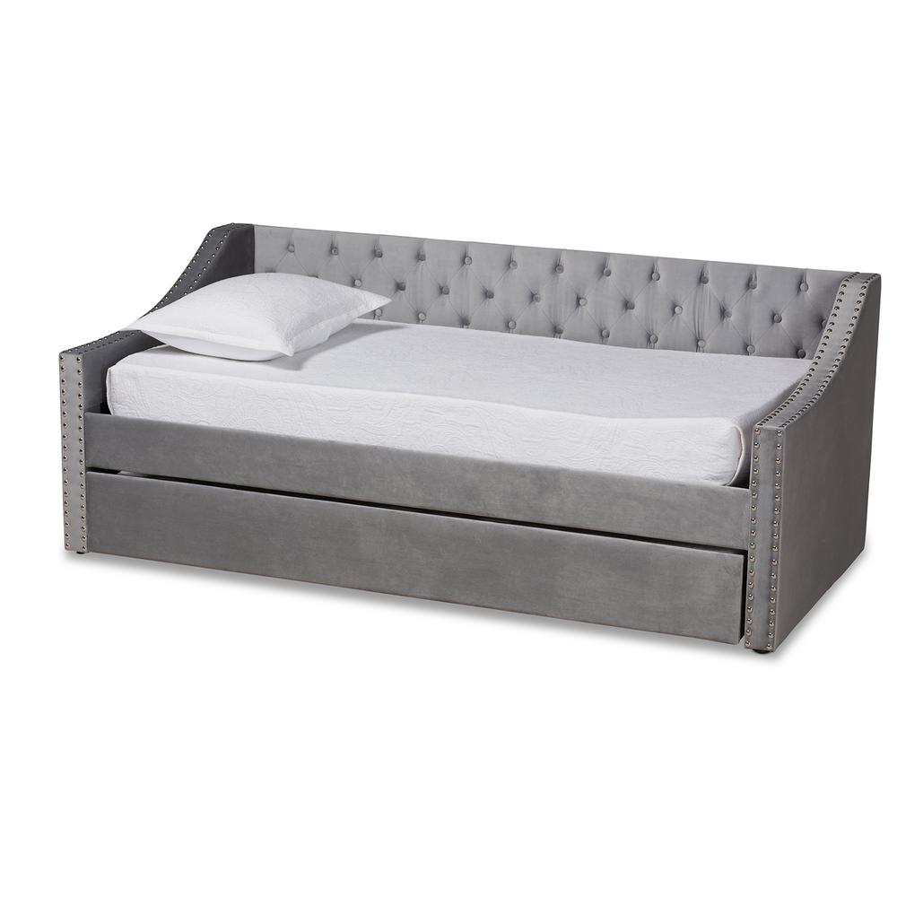 Grey Velvet Fabric Upholstered Twin Size Daybed with Trundle. Picture 12