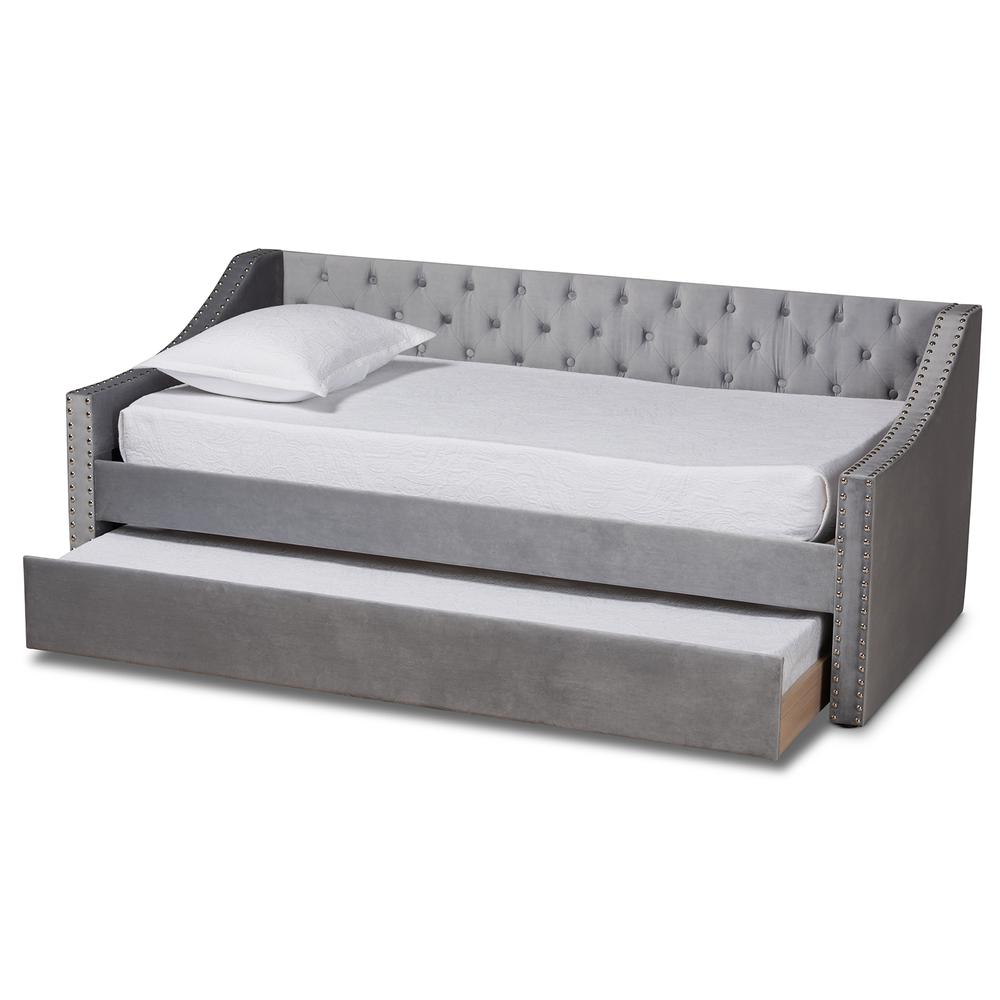 Grey Velvet Fabric Upholstered Twin Size Daybed with Trundle. Picture 13