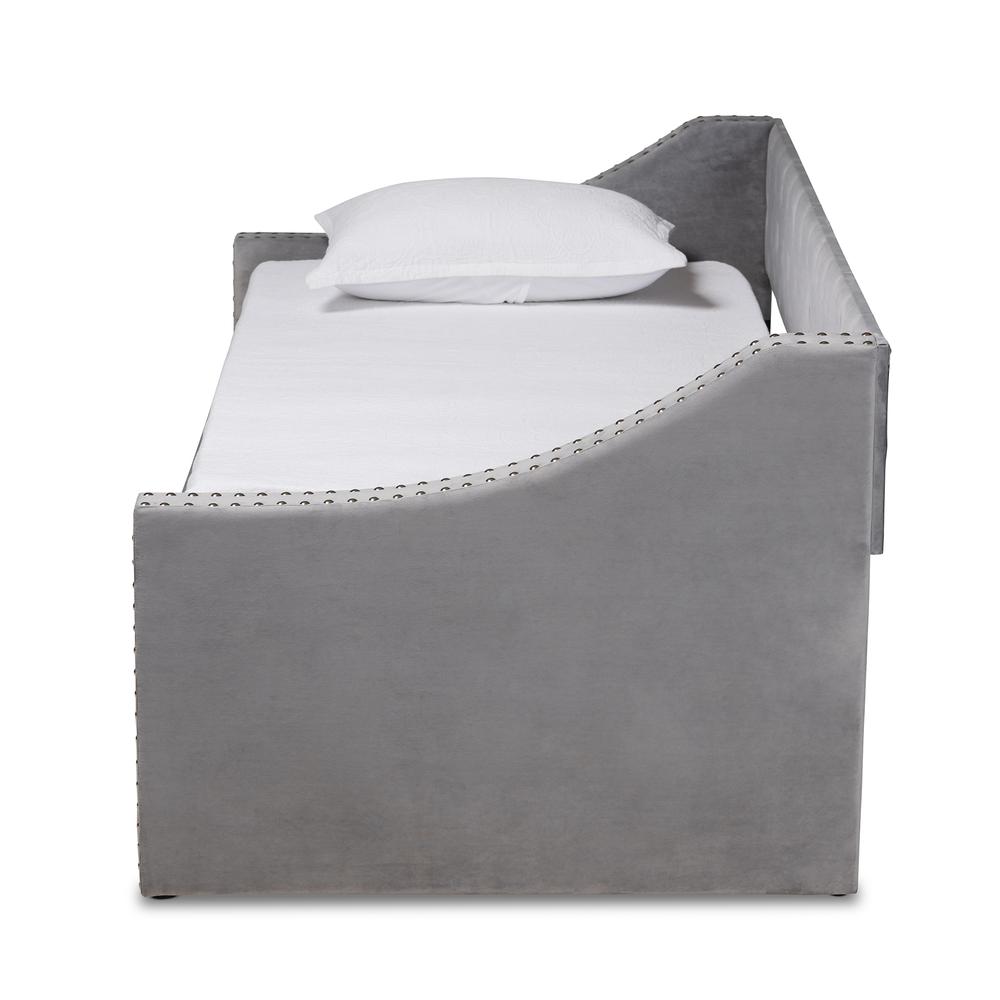 Grey Velvet Fabric Upholstered Twin Size Daybed with Trundle. Picture 14