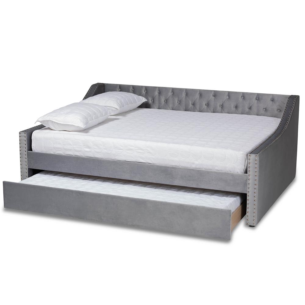 Grey Velvet Fabric Upholstered Full Size Daybed with Trundle. Picture 14